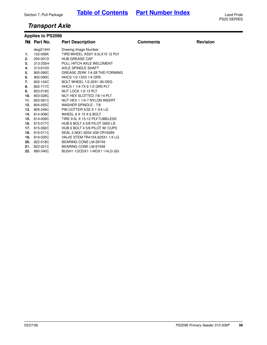 Land Pride PS2096 manual Grease Zerk 1/4-28 THD Forming 