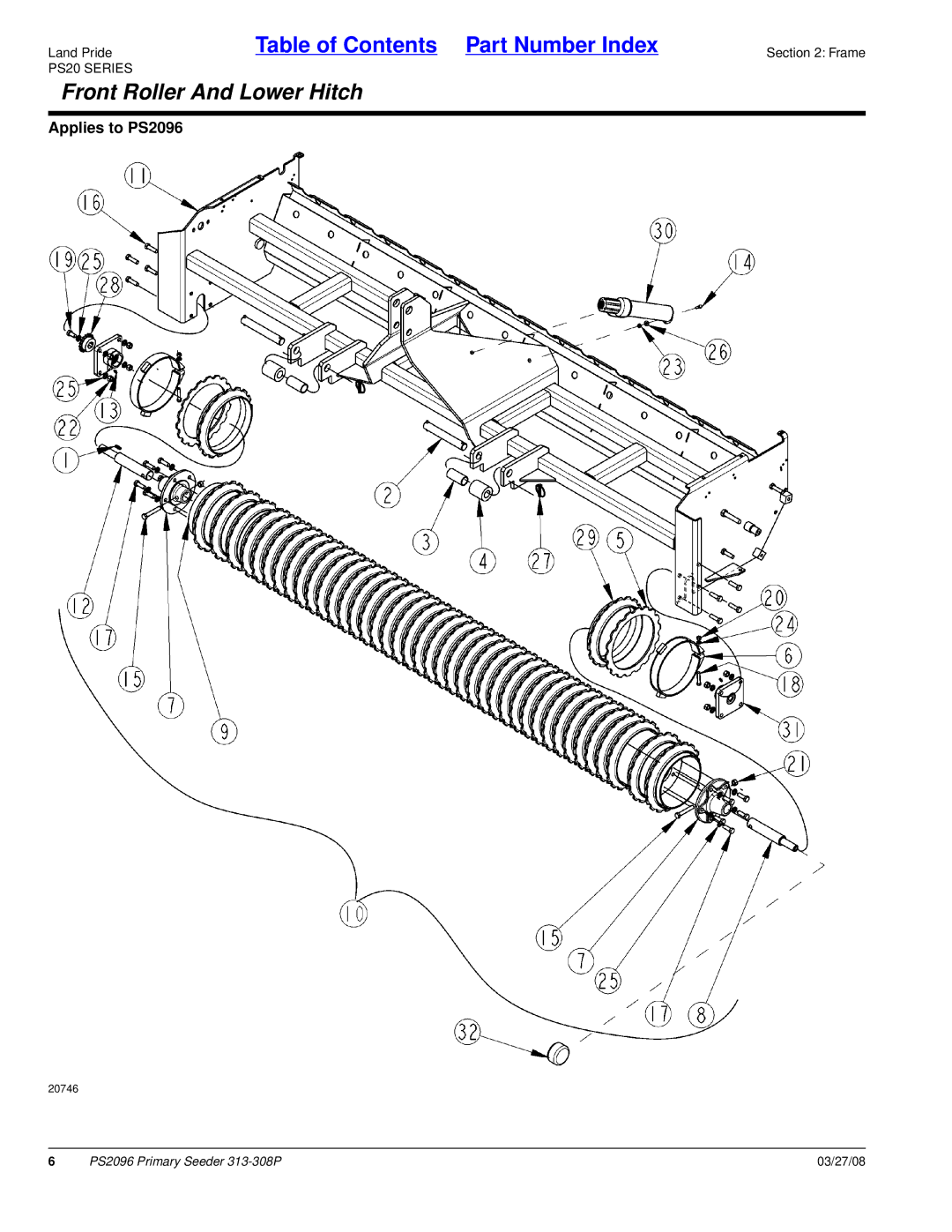 Land Pride PS2096 manual Front Roller And Lower Hitch, PS20 Series 