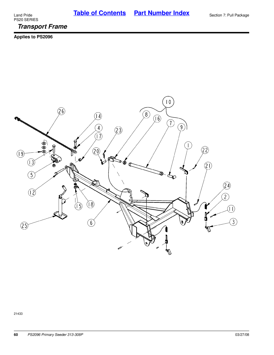 Land Pride PS2096 manual Transport Frame 