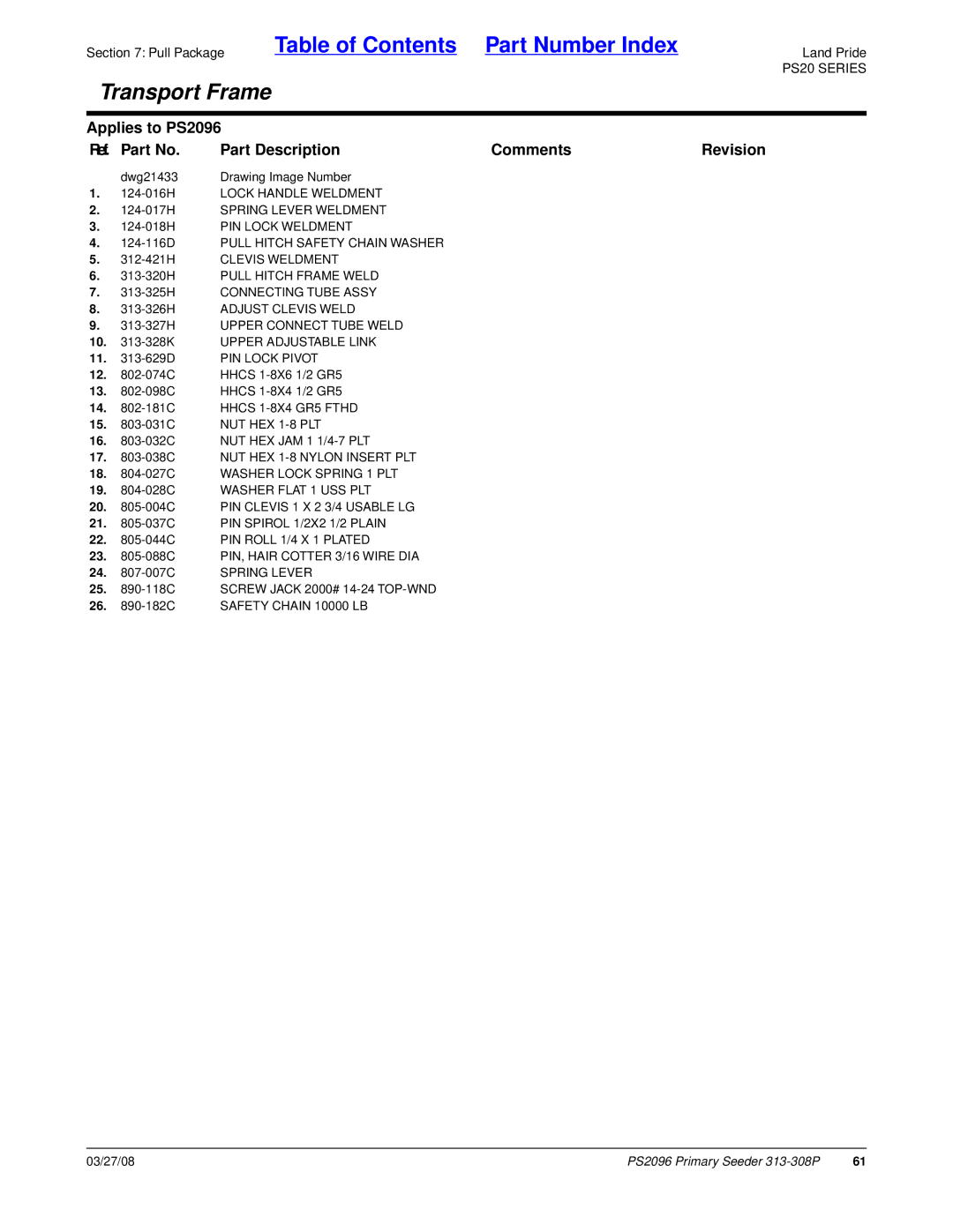 Land Pride PS2096 manual PIN Lock Pivot 