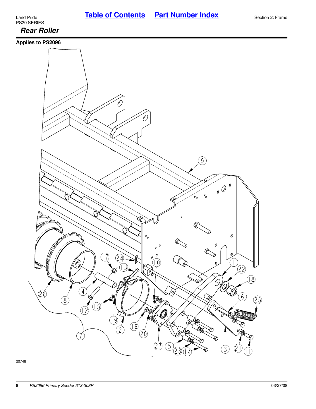 Land Pride PS2096 manual Rear Roller 