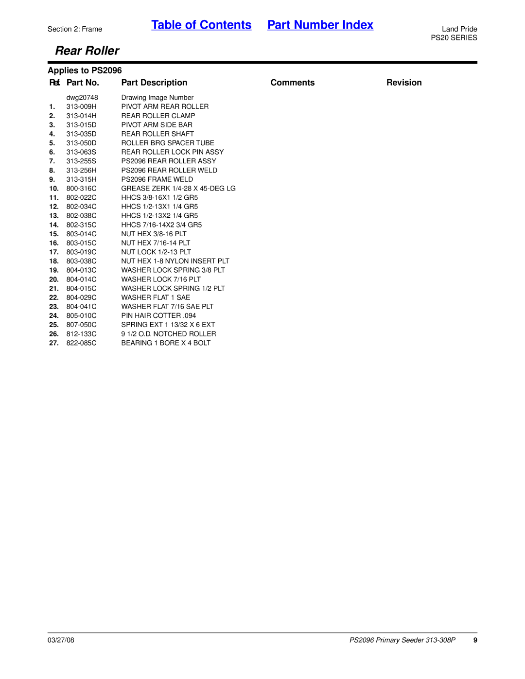 Land Pride PS2096 manual 21 -015C Washer Lock Spring 1/2 PLT 