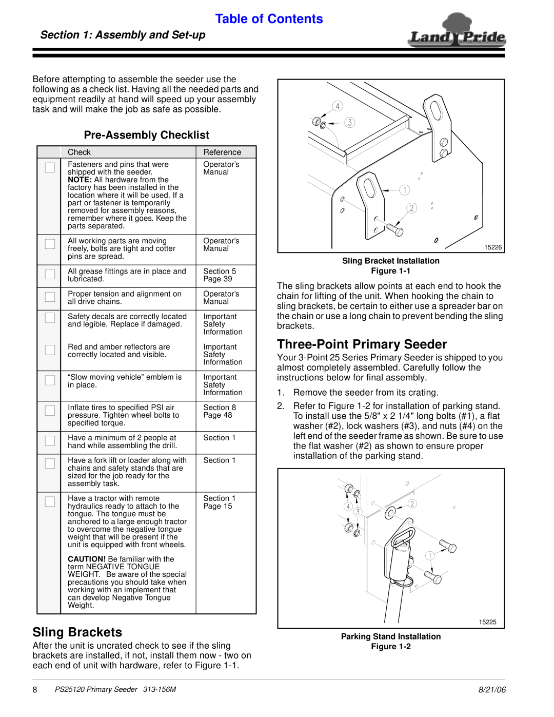 Land Pride PS25120 manual Sling Brackets, Three-PointPrimary Seeder, Assembly and Set-up, Pre-AssemblyChecklist 