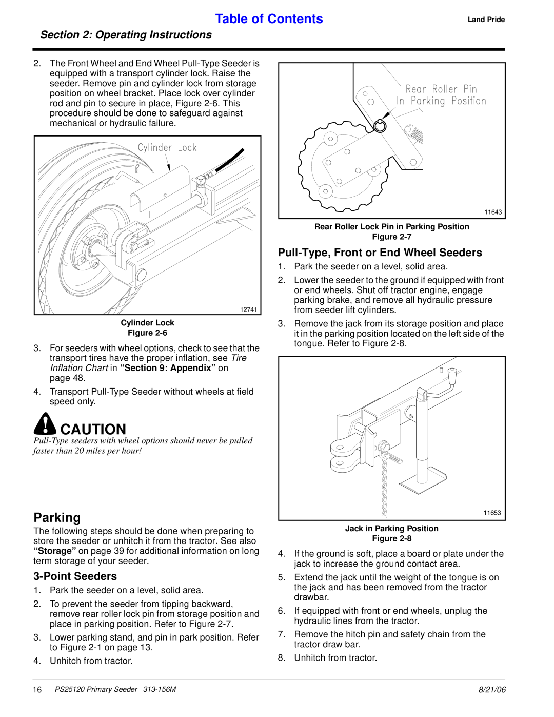 Land Pride PS25120 Parking, PointSeeders, Pull-Type,Front or End Wheel Seeders, Table of Contents, Operating Instructions 