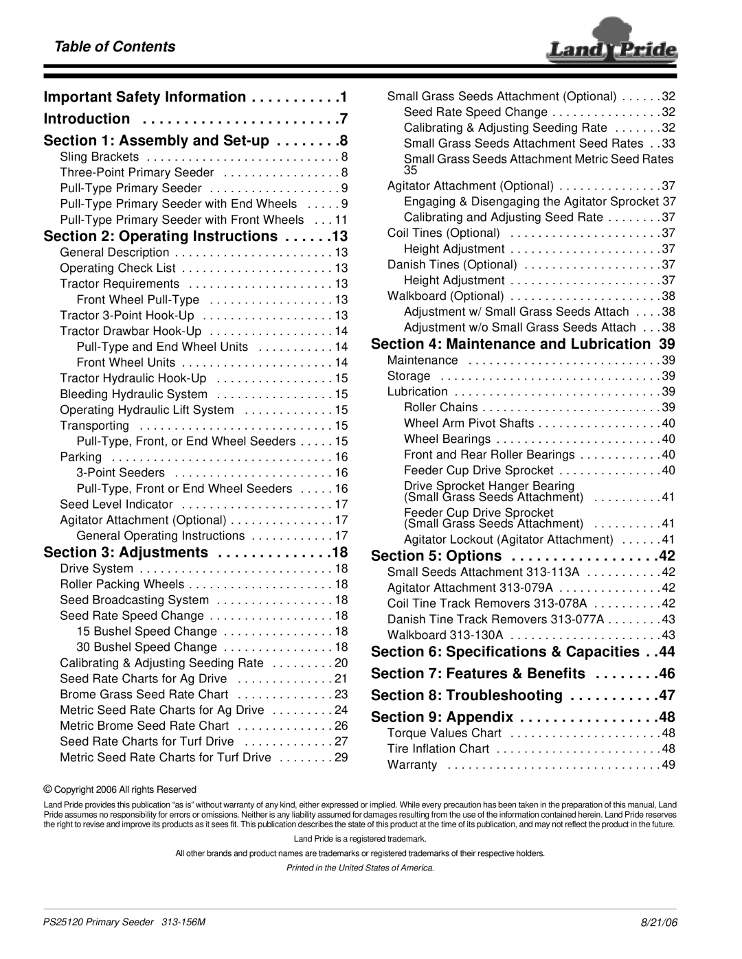 Land Pride PS25120 manual Table of Contents, Important Safety Information, Assembly and Set-up, Operating Instructions 