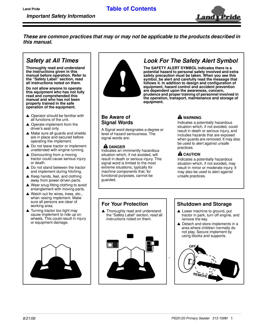 Land Pride PS25120 Safety at All Times, Look For The Safety Alert Symbol, Table of Contents, Important Safety Information 