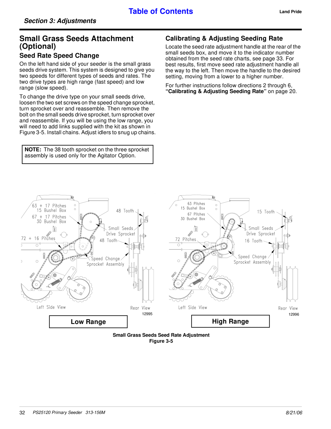 Land Pride PS25120 Small Grass Seeds Attachment Optional, Seed Rate Speed Change, Calibrating & Adjusting Seeding Rate 