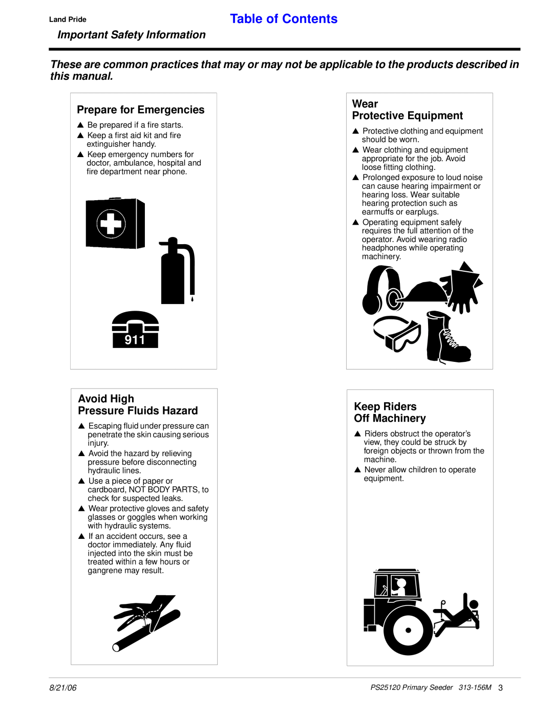 Land Pride PS25120 manual Prepare for Emergencies, Wear Protective Equipment, Avoid High Pressure Fluids Hazard 