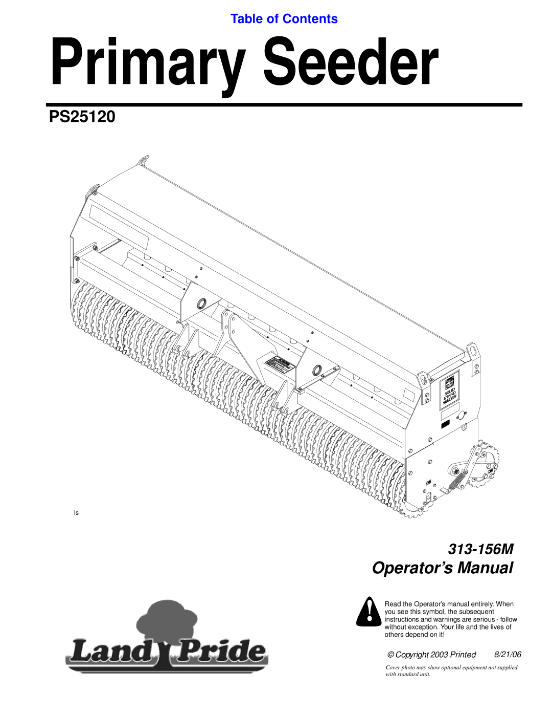 Land Pride PS25120 manual Primary Seeder 