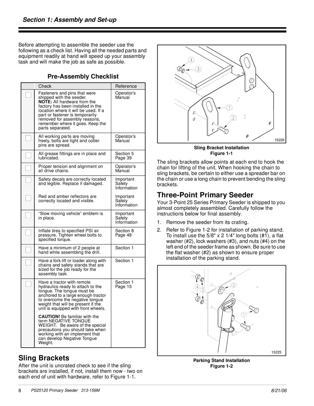 Land Pride PS25120 manual Sling Brackets, Three-Point Primary Seeder, Pre-Assembly Checklist, Sling Bracket Installation 