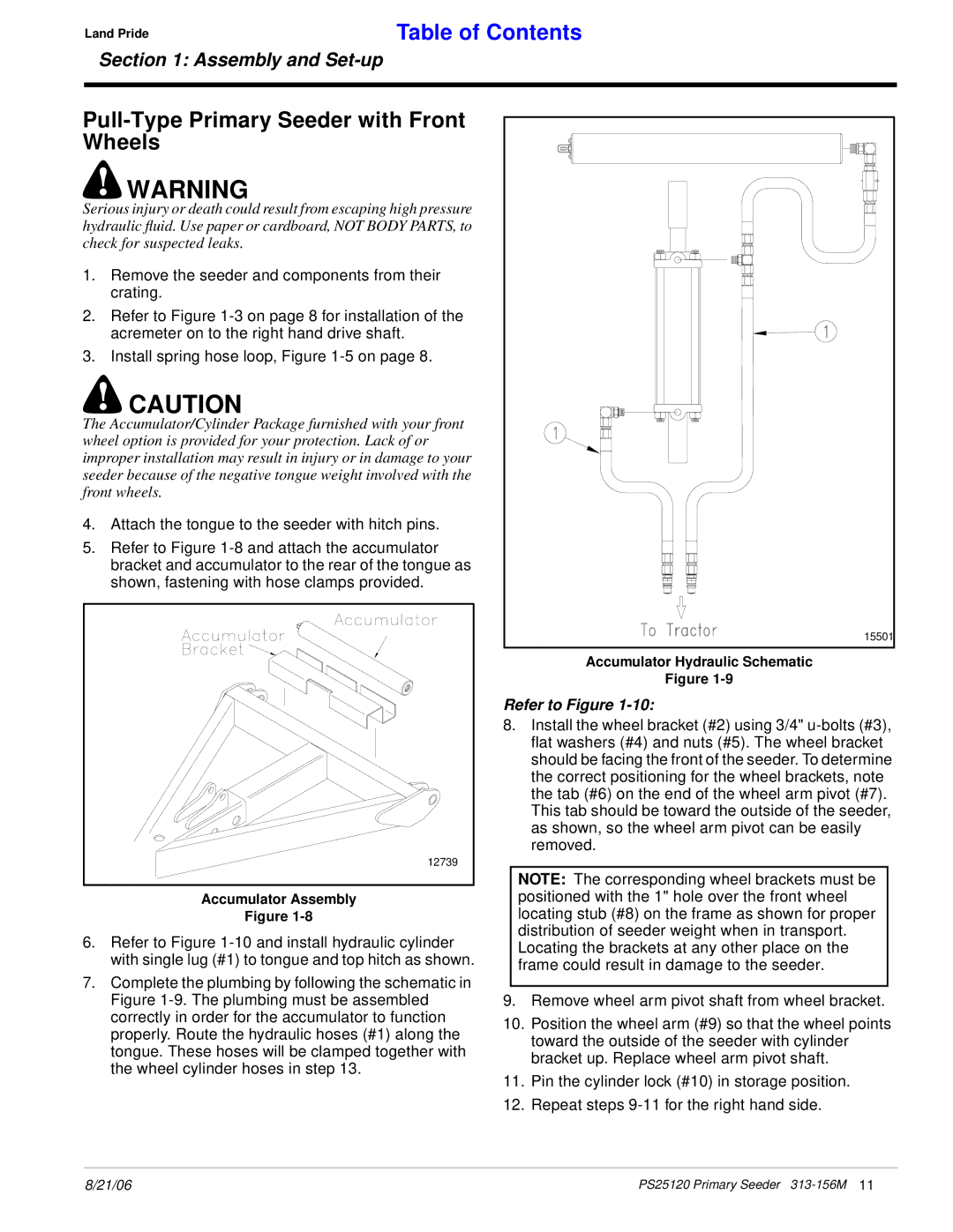 Land Pride PS25120 manual Pull-Type Primary Seeder with Front Wheels, Accumulator Assembly, Accumulator Hydraulic Schematic 