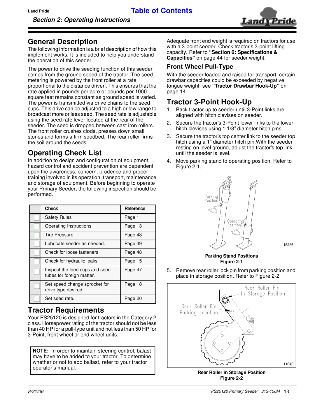 Land Pride PS25120 manual General Description, Operating Check List, Tractor Requirements, Tractor 3-Point Hook-Up 