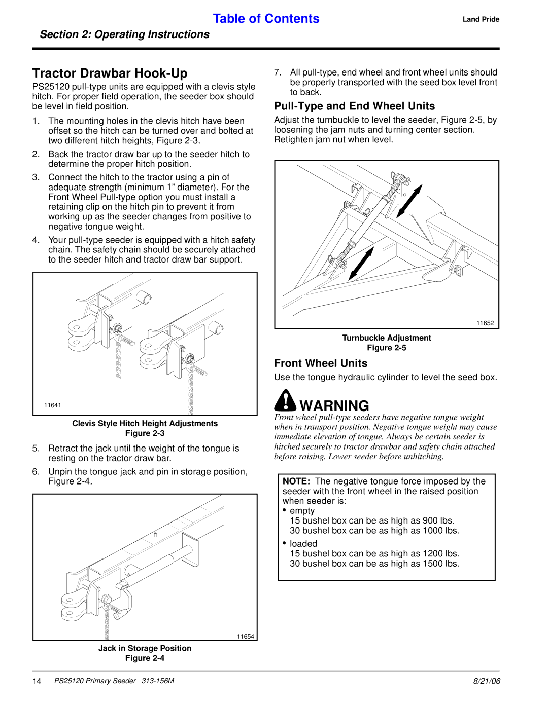 Land Pride PS25120 manual Tractor Drawbar Hook-Up, Pull-Type and End Wheel Units, Front Wheel Units 