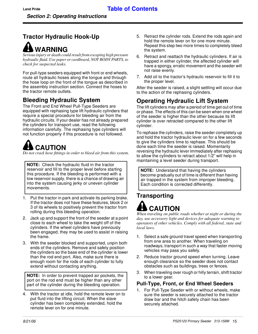 Land Pride PS25120 Tractor Hydraulic Hook-Up, Bleeding Hydraulic System, Operating Hydraulic Lift System, Transporting 