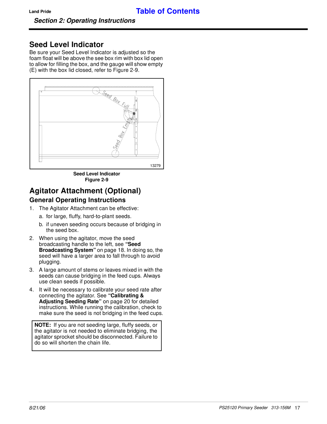 Land Pride PS25120 manual Seed Level Indicator, Agitator Attachment Optional, General Operating Instructions 