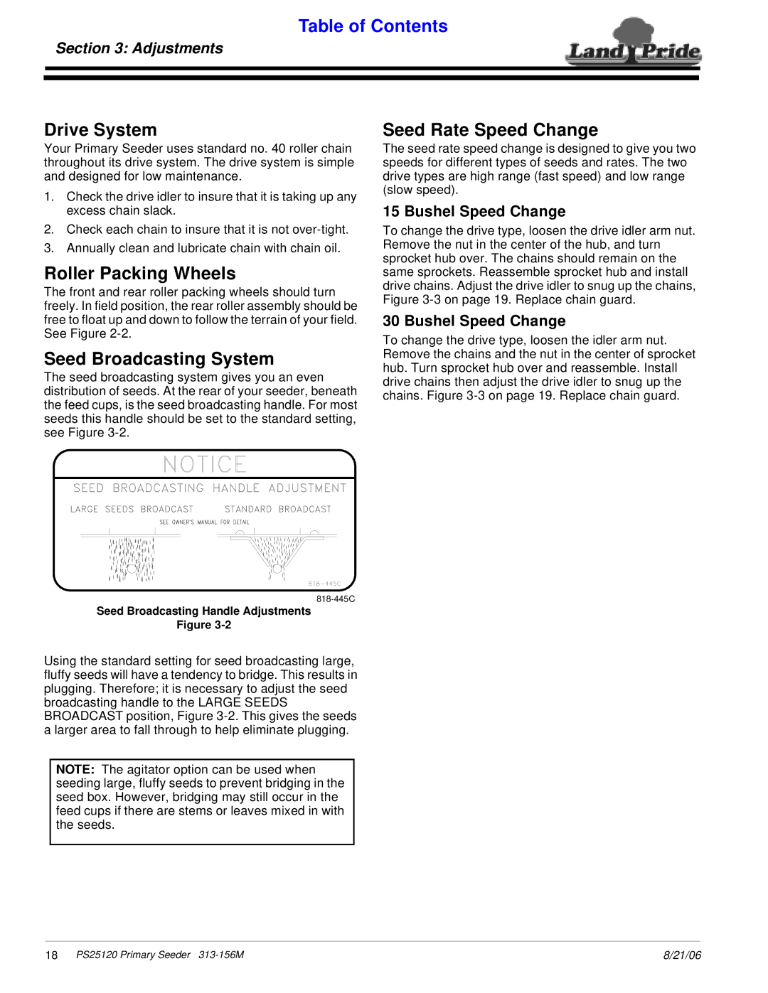 Land Pride PS25120 manual Drive System, Roller Packing Wheels, Seed Broadcasting System, Seed Rate Speed Change 