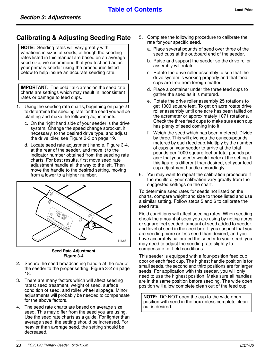 Land Pride PS25120 manual Calibrating & Adjusting Seeding Rate, Seed Rate Adjustment 