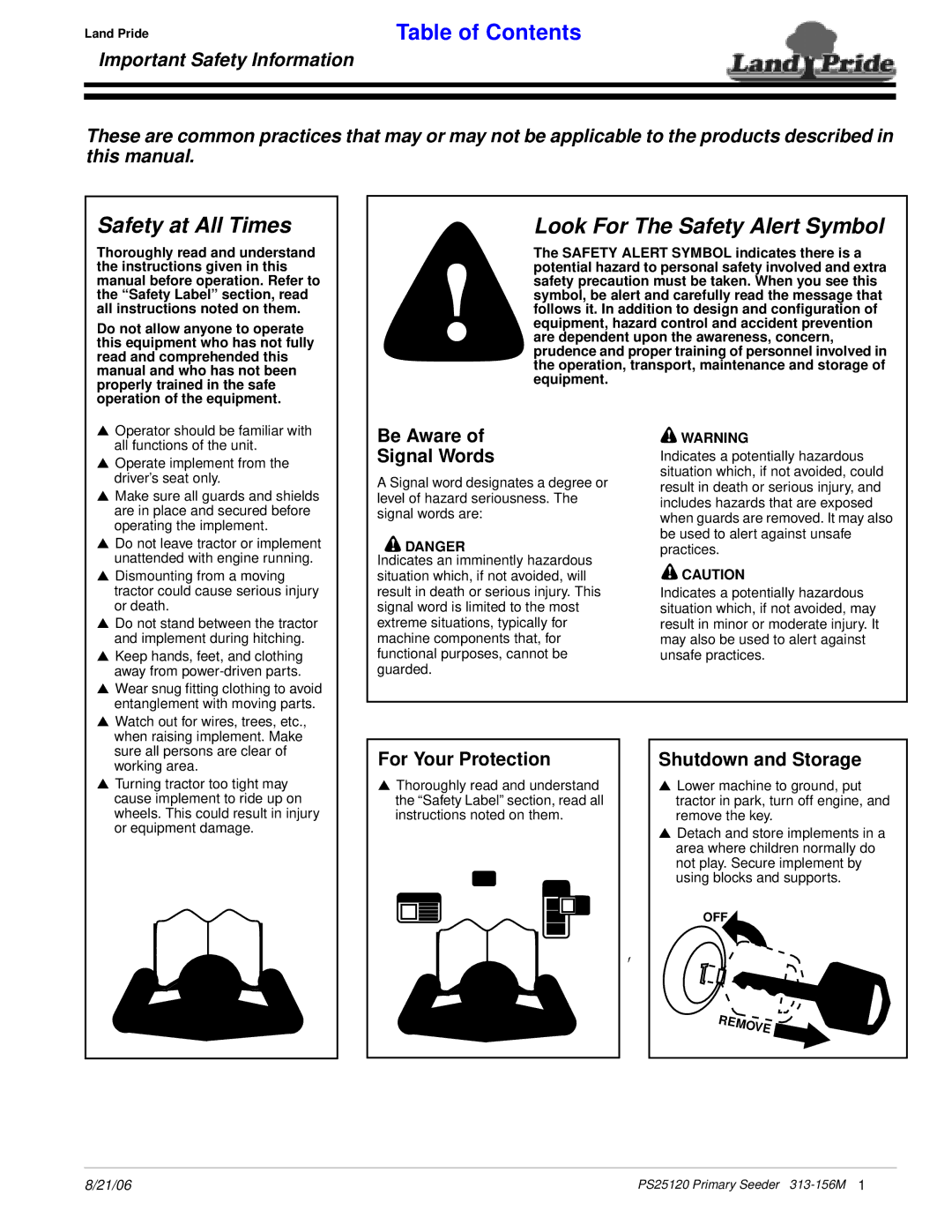 Land Pride PS25120 manual Safety at All Times 