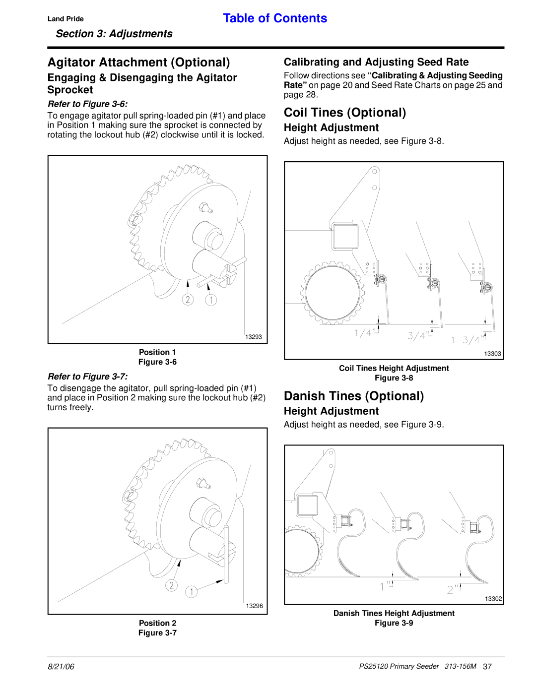 Land Pride PS25120 manual Coil Tines Optional, Danish Tines Optional, Engaging & Disengaging the Agitator Sprocket 