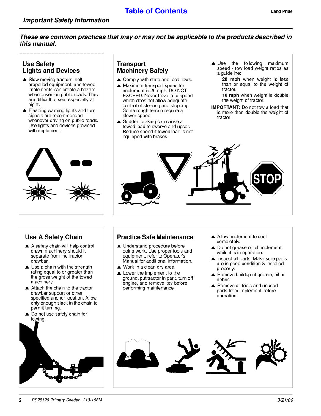 Land Pride PS25120 manual Use Safety Lights and Devices, Transport Machinery Safely, Use a Safety Chain 