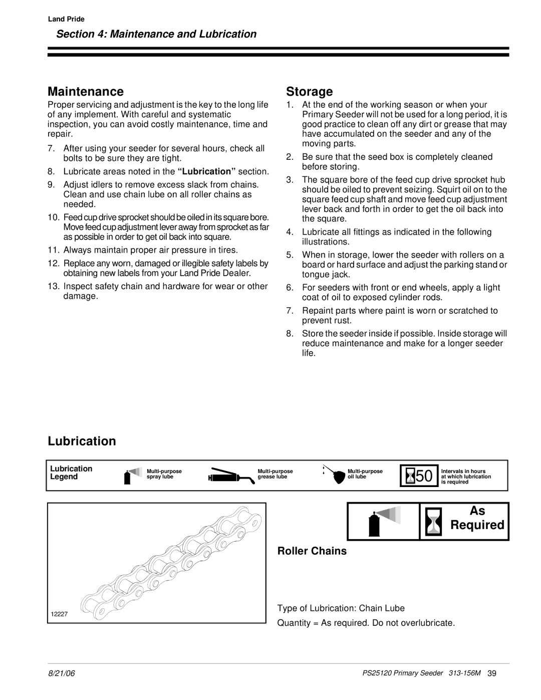 Land Pride PS25120 manual Maintenance, Storage, Lubrication, Required, Roller Chains 