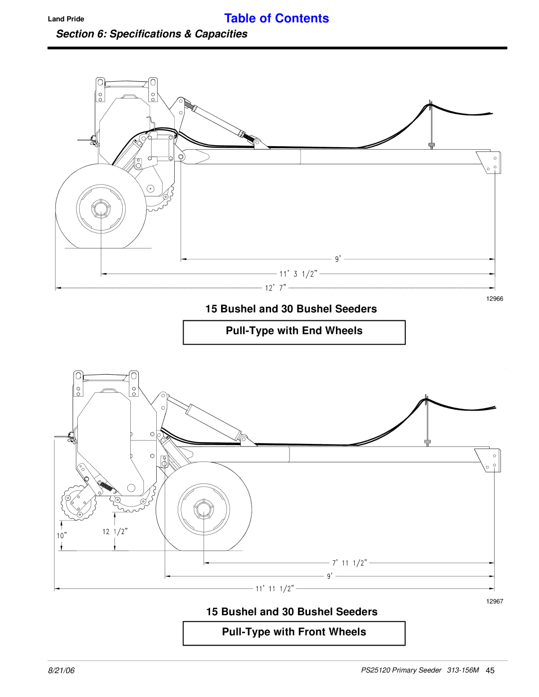Land Pride PS25120 manual Bushel and 30 Bushel Seeders Pull-Type with End Wheels 