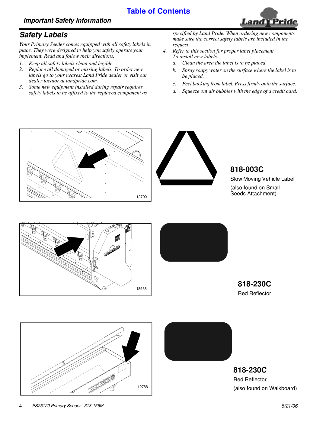 Land Pride PS25120 manual 818-003C, 818-230C 