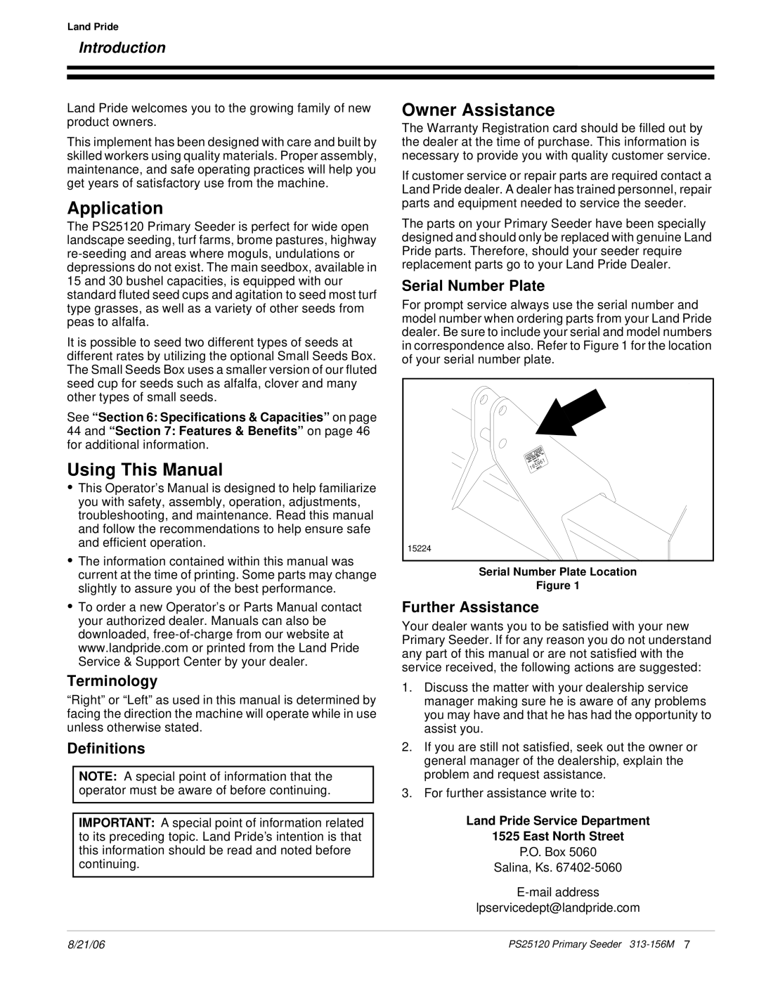 Land Pride PS25120 manual Application, Using This Manual, Owner Assistance 