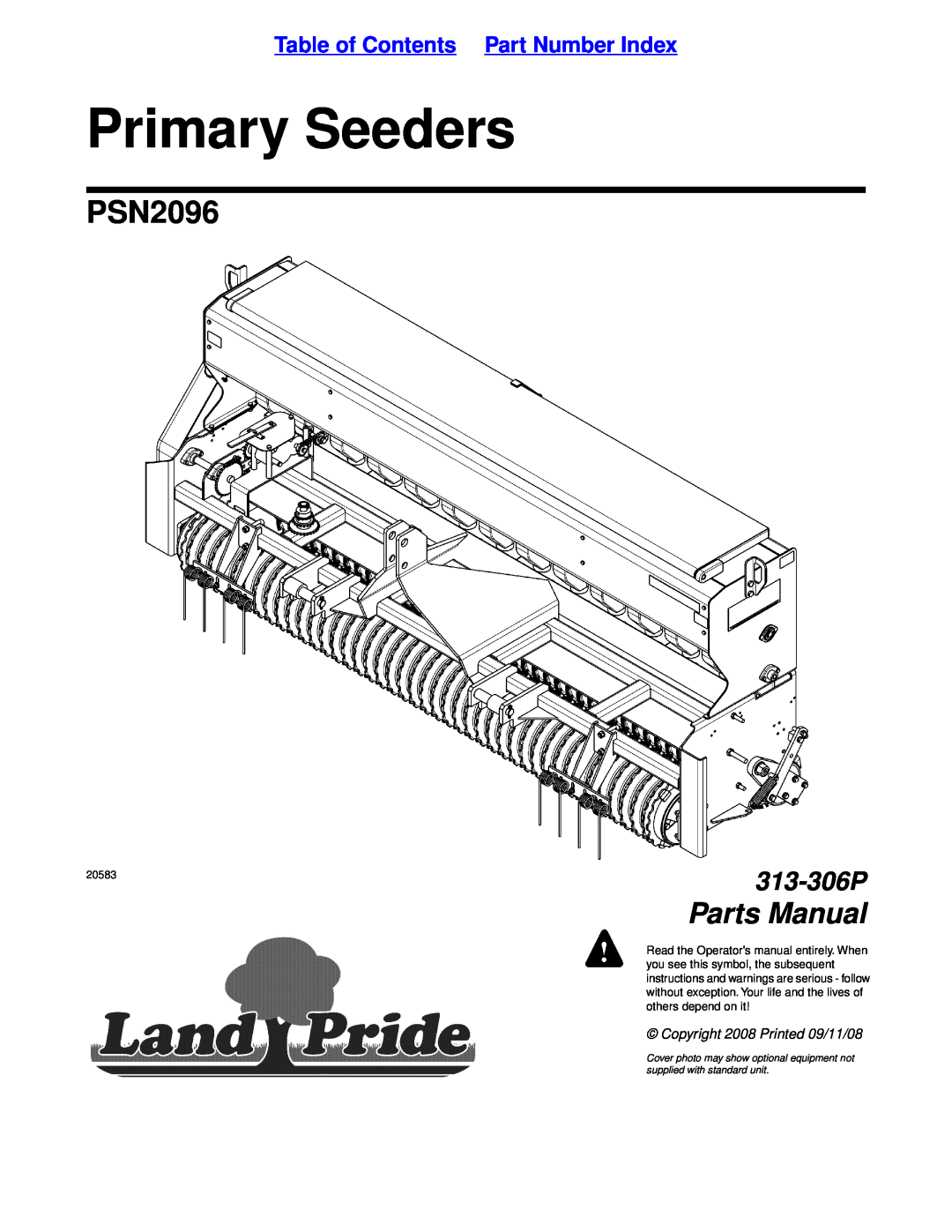 Land Pride 20583 manual Table of Contents Part Number Index, Primary Seeders, PSN2096, Parts Manual, 313-306P 