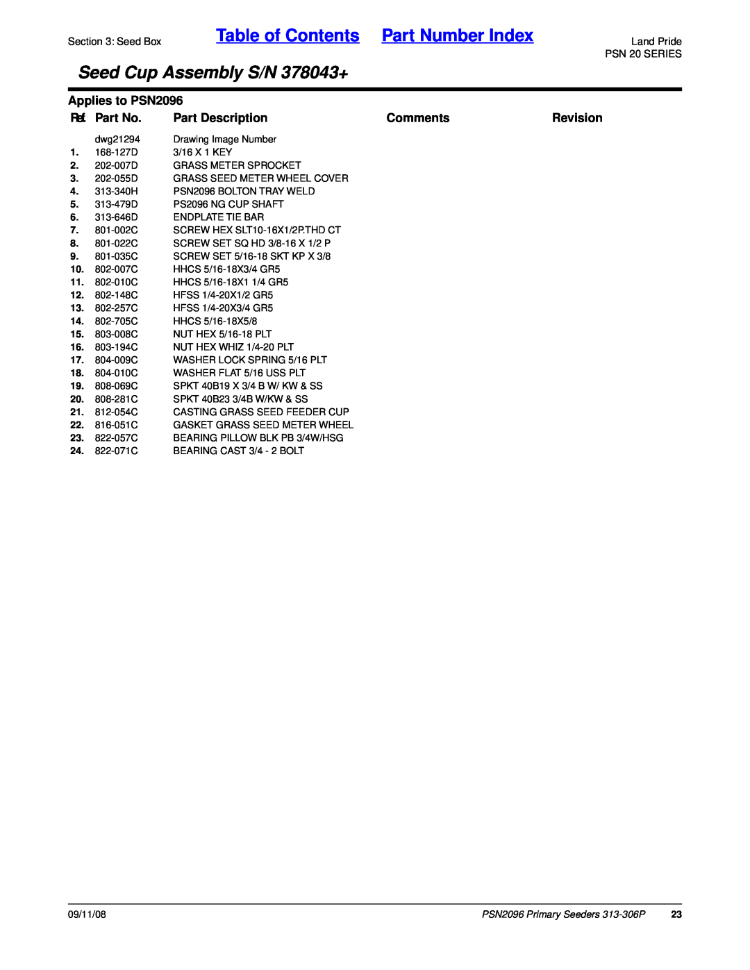 Land Pride 313-306P Table of Contents Part Number Index, Seed Cup Assembly S/N 378043+, Applies to PSN2096, Ref. Part No 