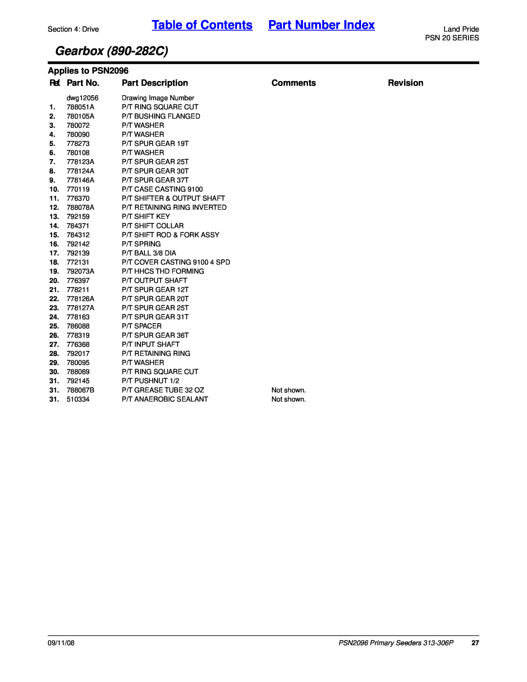 Land Pride Table of Contents Part Number Index, Gearbox 890-282C, Applies to PSN2096, Ref. Part No, Part Description 
