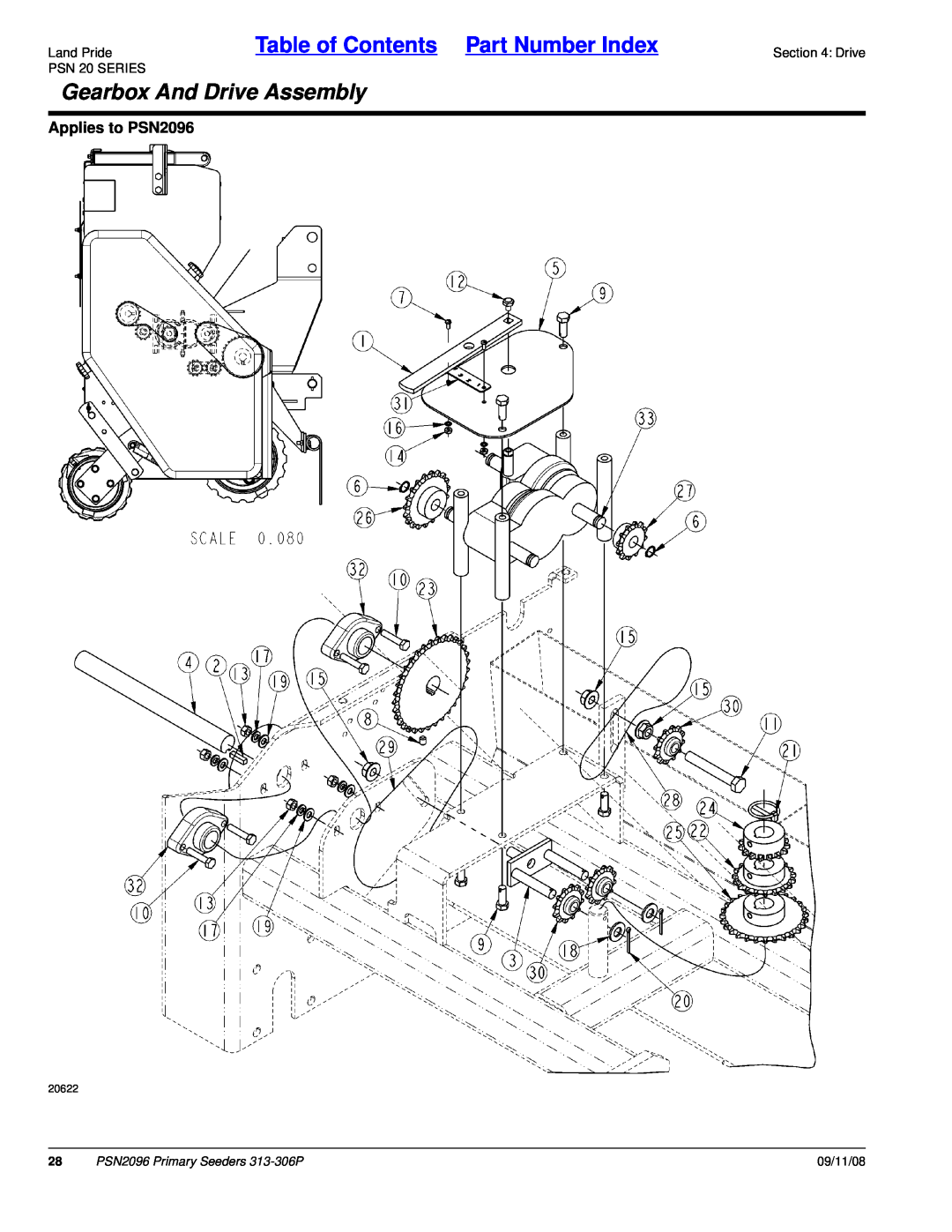 Land Pride 20583 Gearbox And Drive Assembly, Land PrideTable of Contents Part Number Index, Applies to PSN2096, 09/11/08 