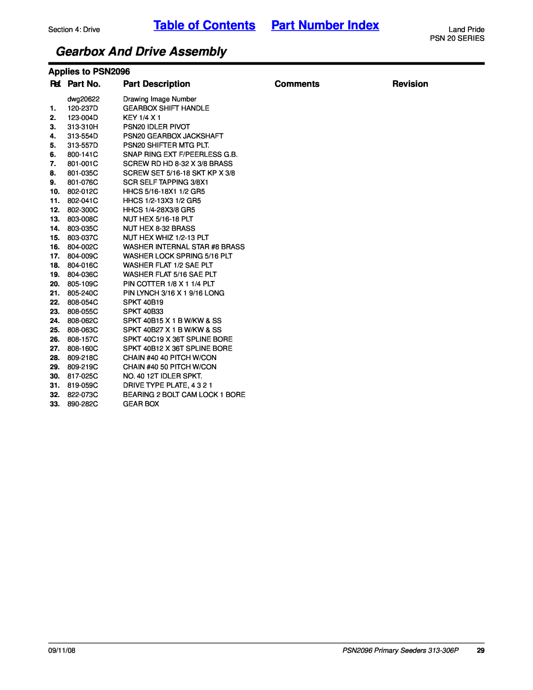 Land Pride 313-306P Table of Contents Part Number Index, Gearbox And Drive Assembly, Applies to PSN2096, Ref. Part No 