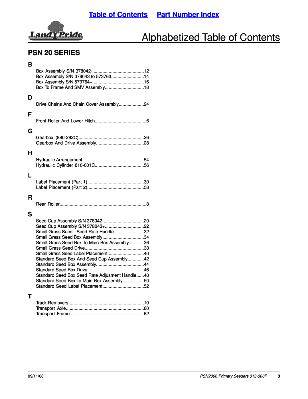 Land Pride PSN2096, 20583, 313-306P manual Alphabetized Table of Contents, Table of Contents Part Number Index, PSN 20 SERIES 