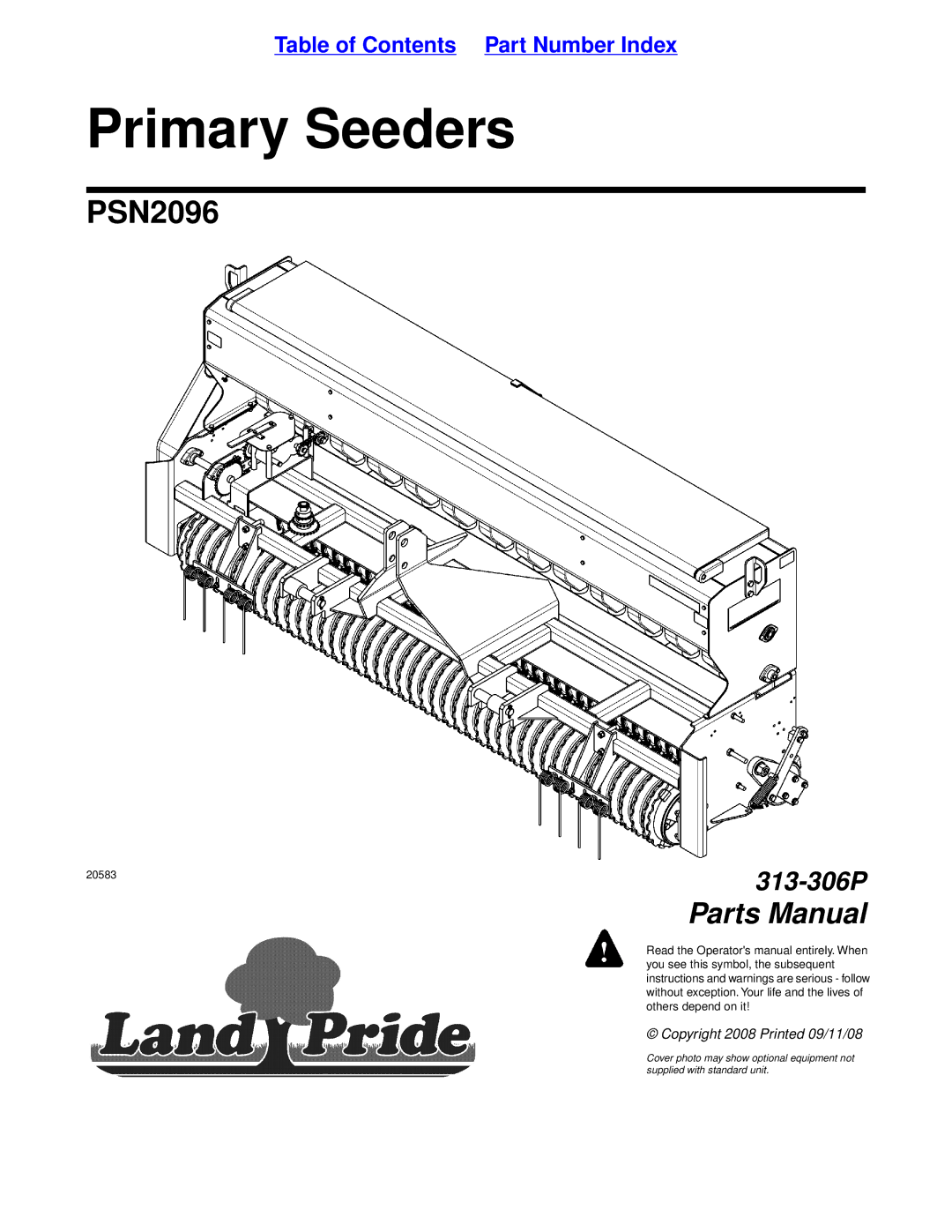 Land Pride 20583, PSN2096, 313-306P manual Primary Seeders 