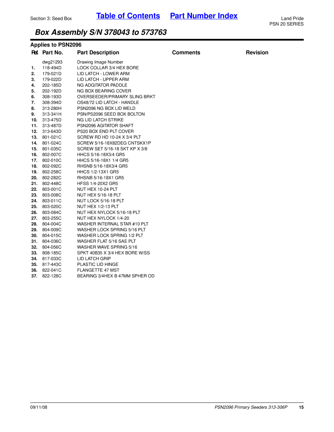 Land Pride PSN2096, 20583, 313-306P manual 28 -004C Washer Internal Star #10 PLT, 30 -015C Washer Lock Spring 1/2 PLT 