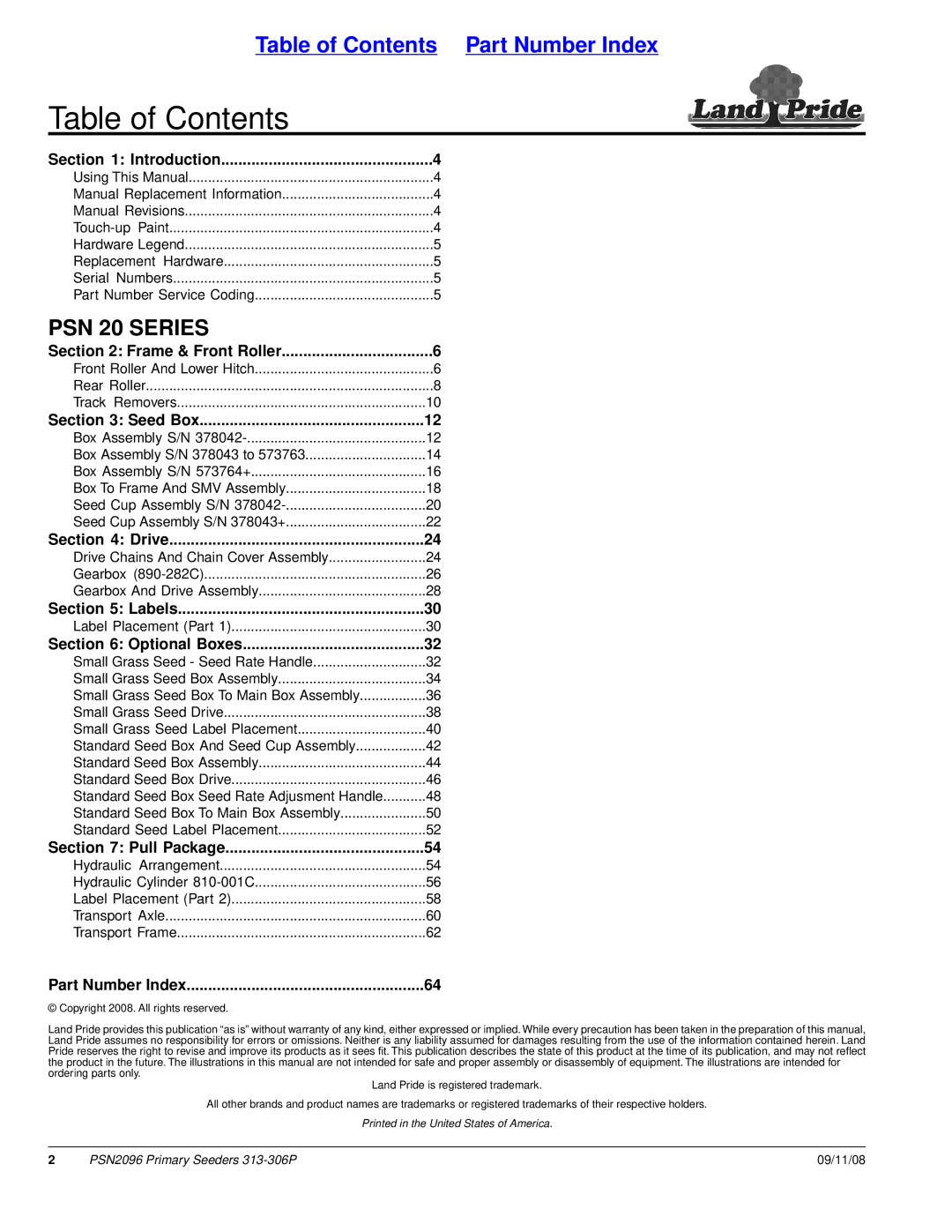 Land Pride 313-306P, PSN2096, 20583 manual Table of Contents 