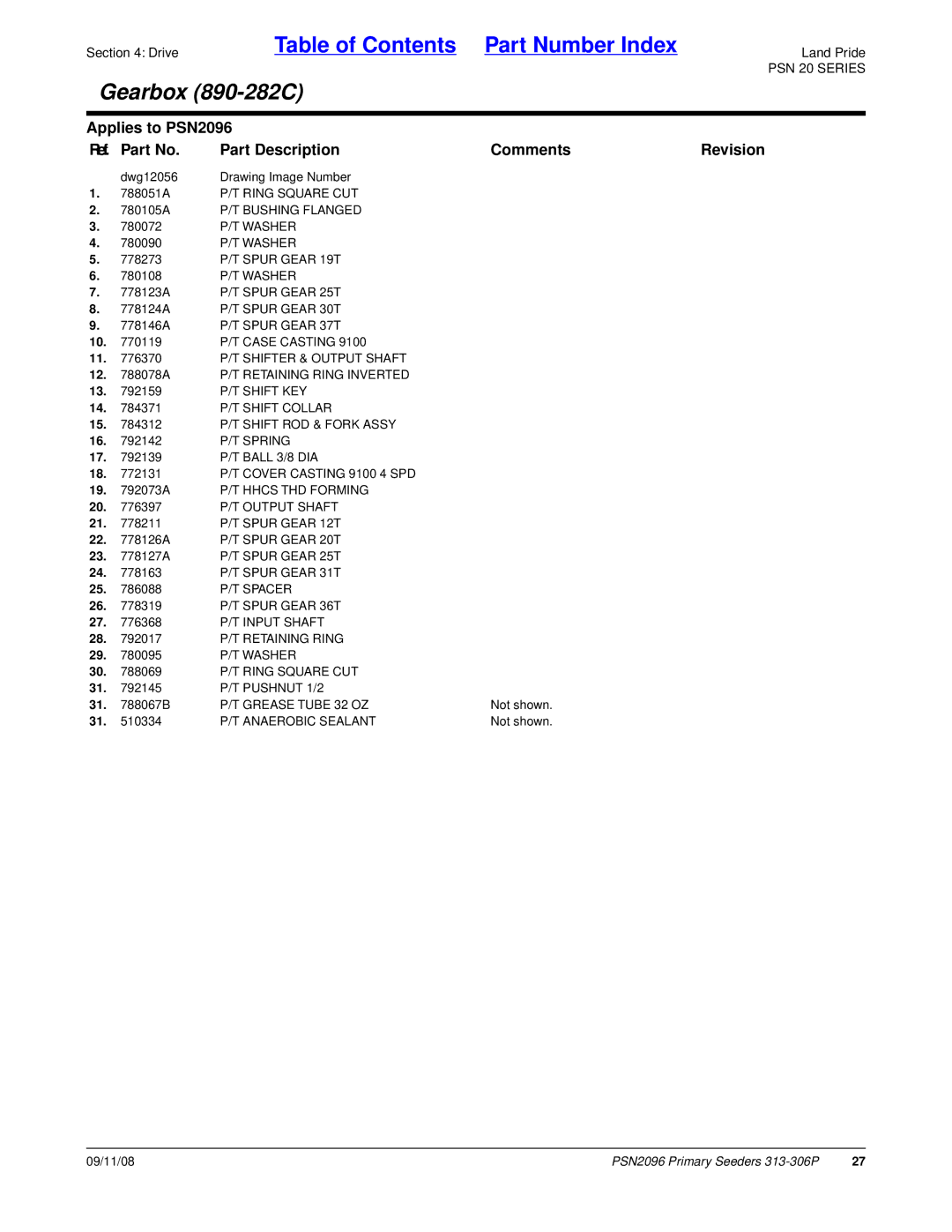 Land Pride PSN2096 manual 788051A P/T Ring Square CUT, Bushing Flanged, Washer, Spur Gear 19T, Spur Gear 25T, Spur Gear 30T 