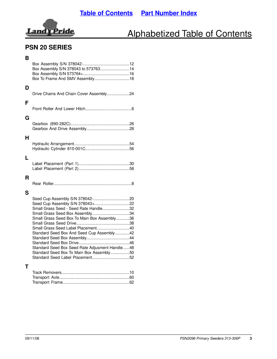 Land Pride PSN2096, 20583, 313-306P manual Alphabetized Table of Contents 