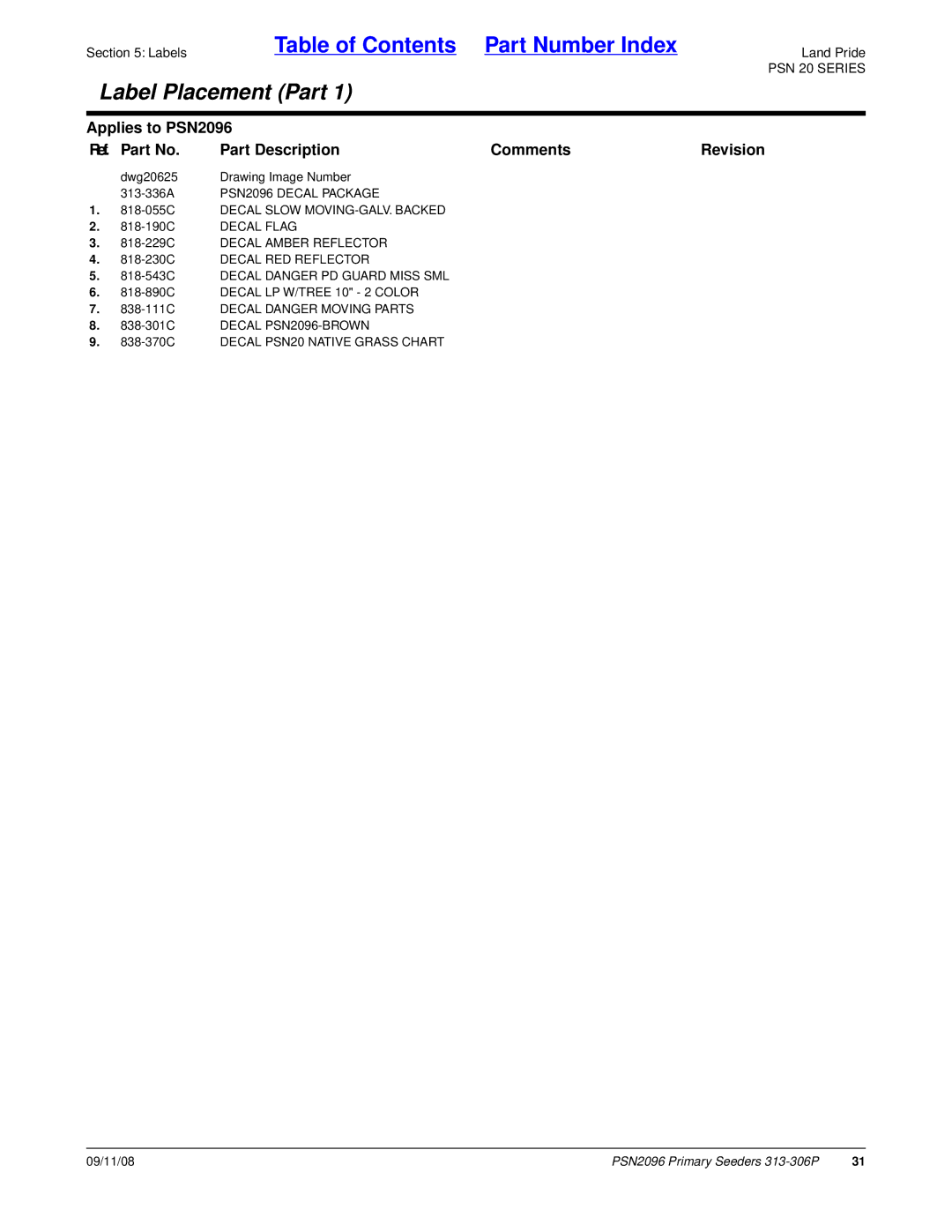 Land Pride 20583, 313-306P manual PSN2096 Decal Package, Decal Slow MOVING-GALV. Backed, 838-111C Decal Danger Moving Parts 