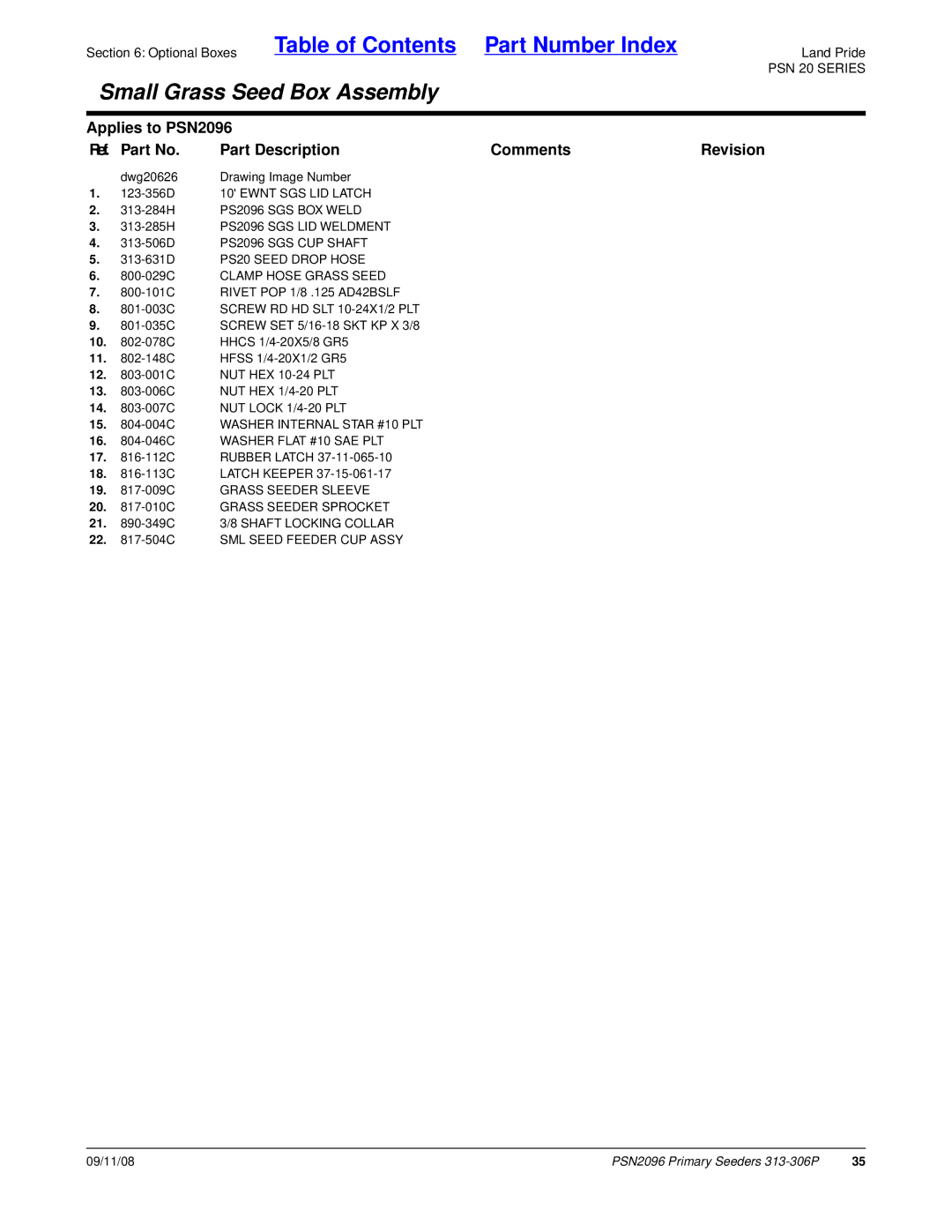 Land Pride 313-306P, PSN2096, 20583 manual 800-029C Clamp Hose Grass Seed, 15 -004C Washer Internal Star #10 PLT 