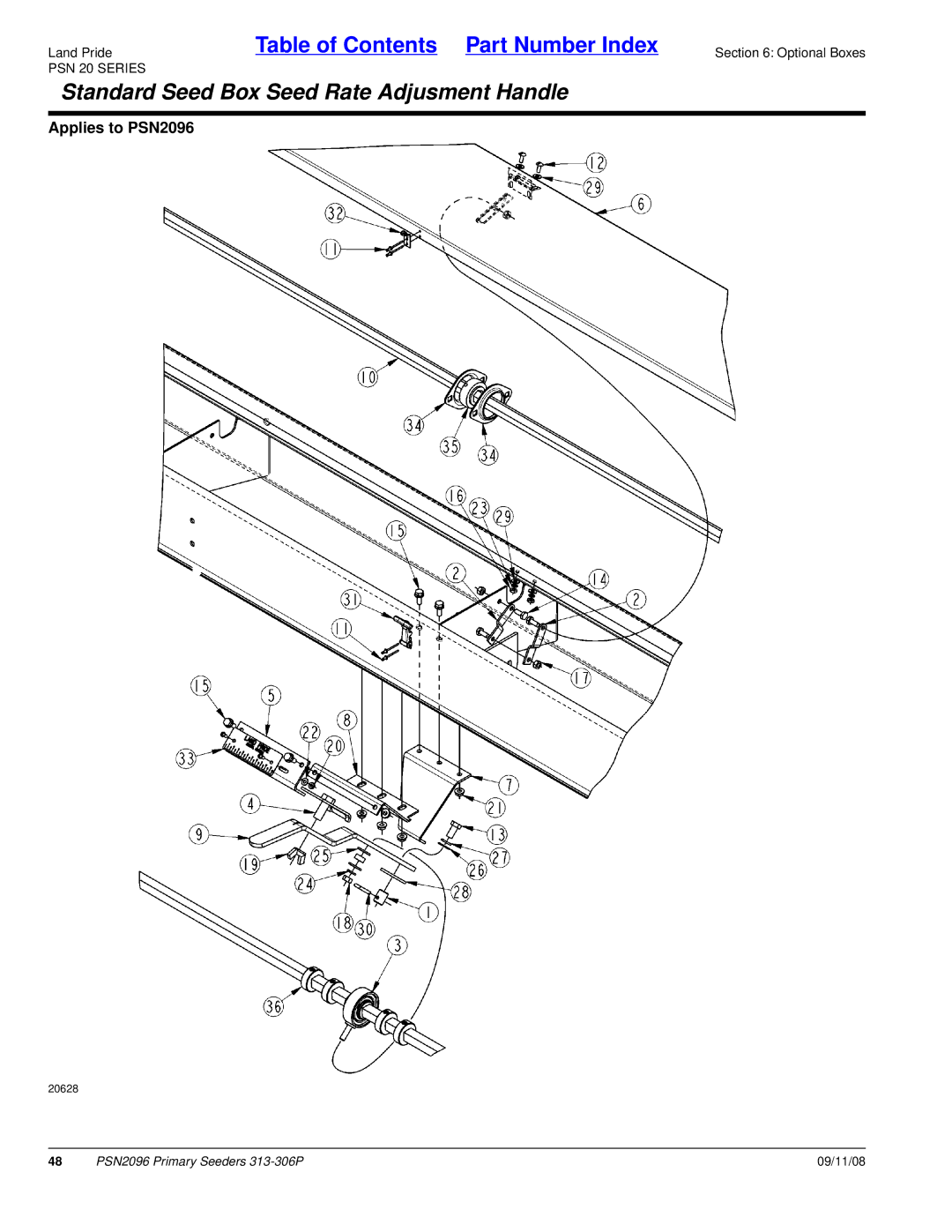 Land Pride PSN2096, 20583, 313-306P manual Standard Seed Box Seed Rate Adjusment Handle 