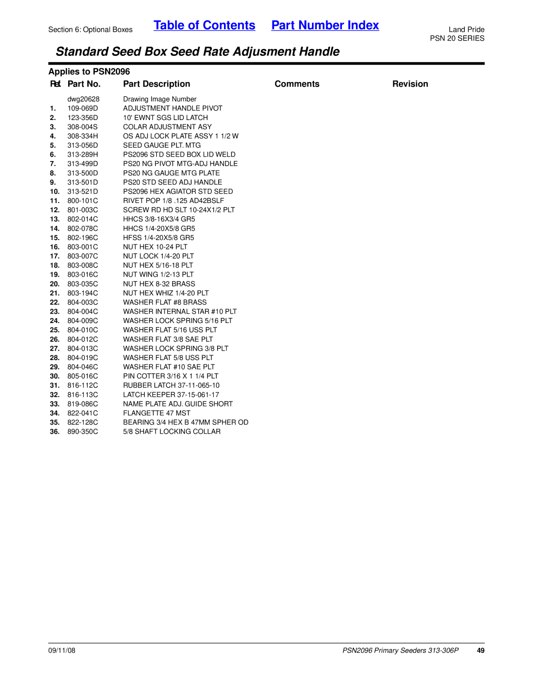 Land Pride 20583, PSN2096, 313-306P 109-069D Adjustment Handle Pivot, 308-004S Colar Adjustment ASY, Seed Gauge PLT. MTG 