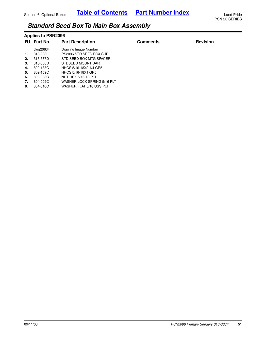 Land Pride PSN2096 manual 313-537D STD Seed BOX MTG Spacer 313-566D Stdseed Mount BAR, 804-009C Washer Lock Spring 5/16 PLT 