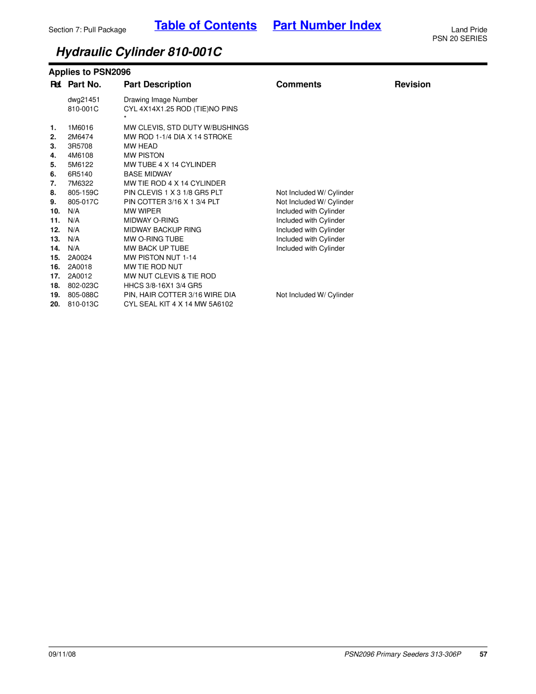 Land Pride PSN2096 CYL 4X14X1.25 ROD Tieno Pins, MW CLEVIS, STD Duty W/BUSHINGS, MW ROD 1-1/4 DIA X 14 Stroke, MW Head 