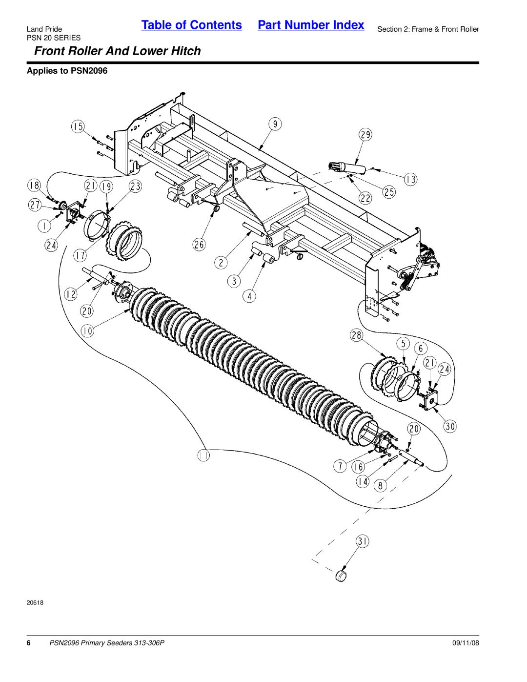 Land Pride PSN2096, 20583, 313-306P manual Front Roller And Lower Hitch, PSN 20 Series 