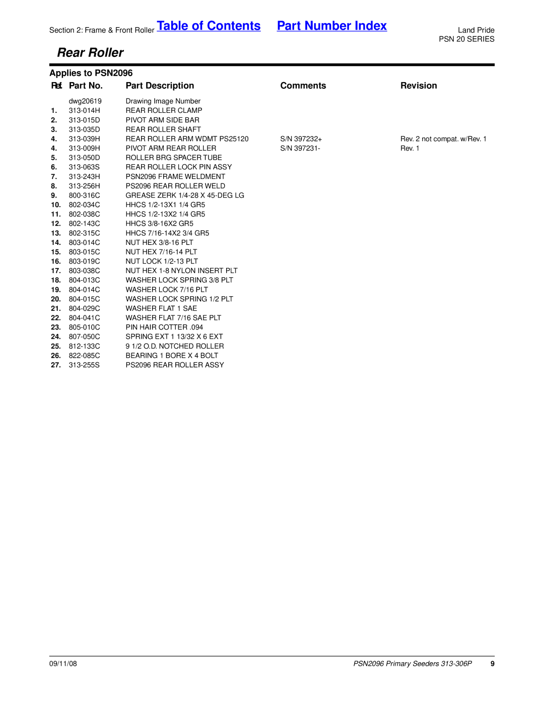 Land Pride PSN2096, 20583 manual Rear Roller ARM Wdmt PS25120, Pivot ARM Rear Roller, 20 -015C Washer Lock Spring 1/2 PLT 