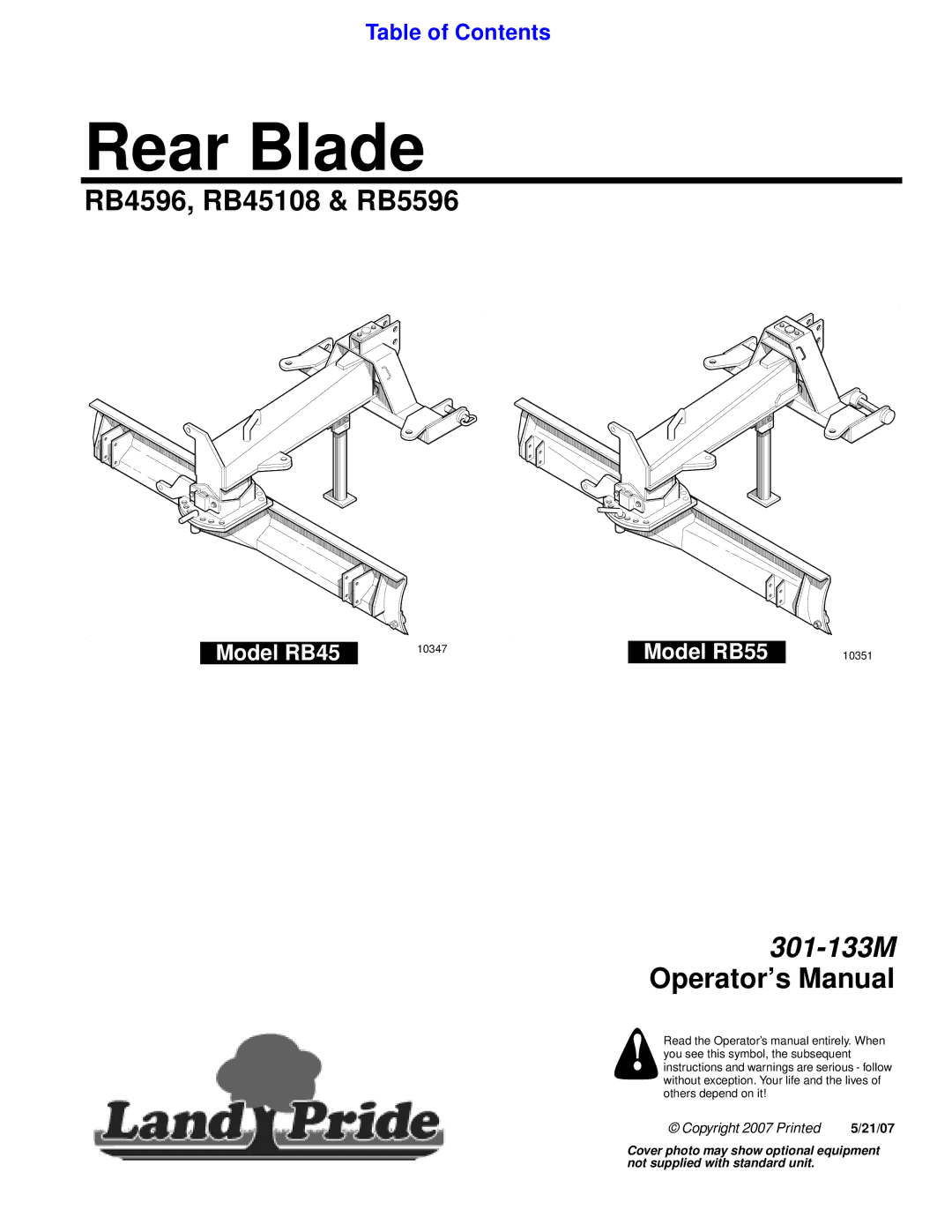 Land Pride RB4596, RB5596, RB45108 manual Rear Blade 