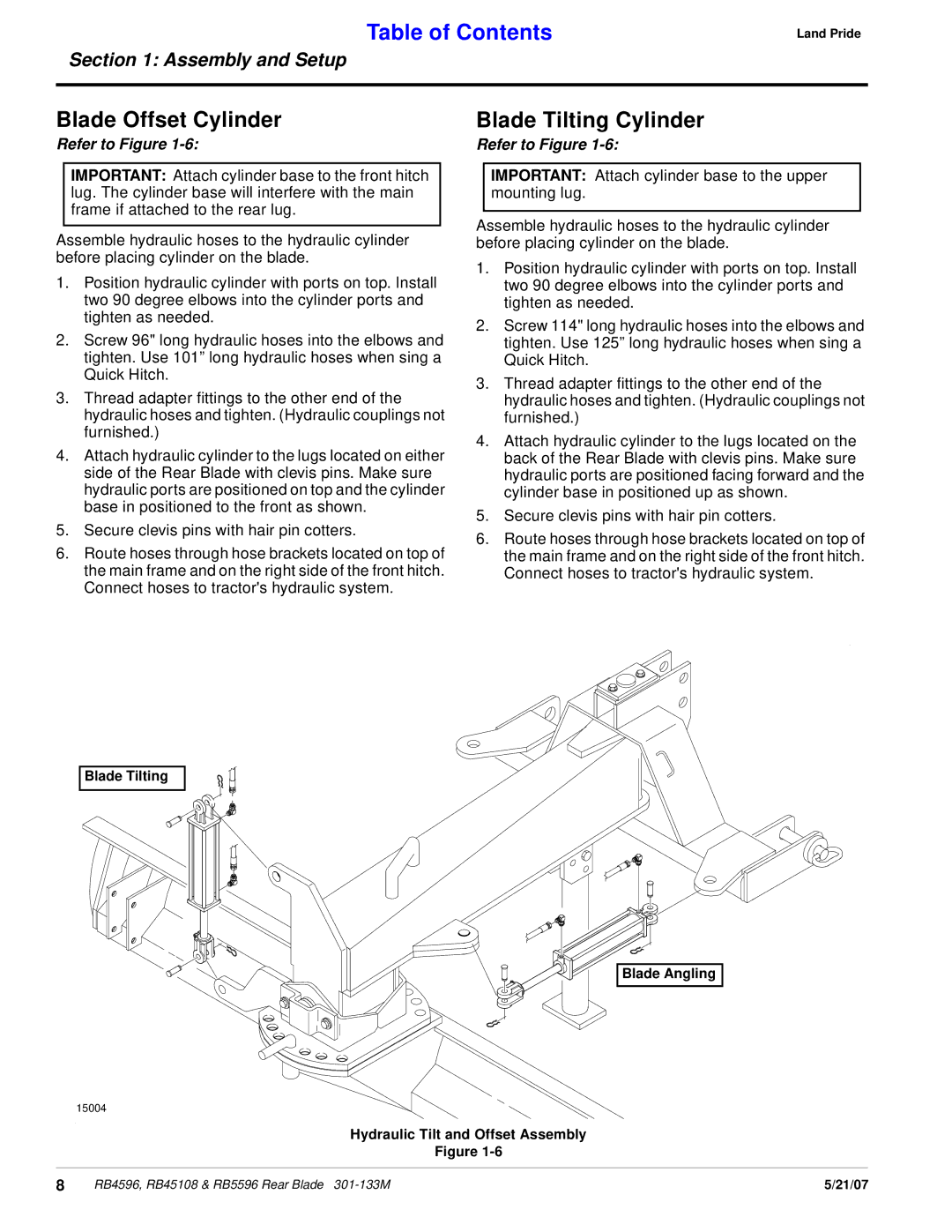 Land Pride RB4596, RB5596, RB45108 manual Blade Offset Cylinder, Blade Tilting Cylinder 