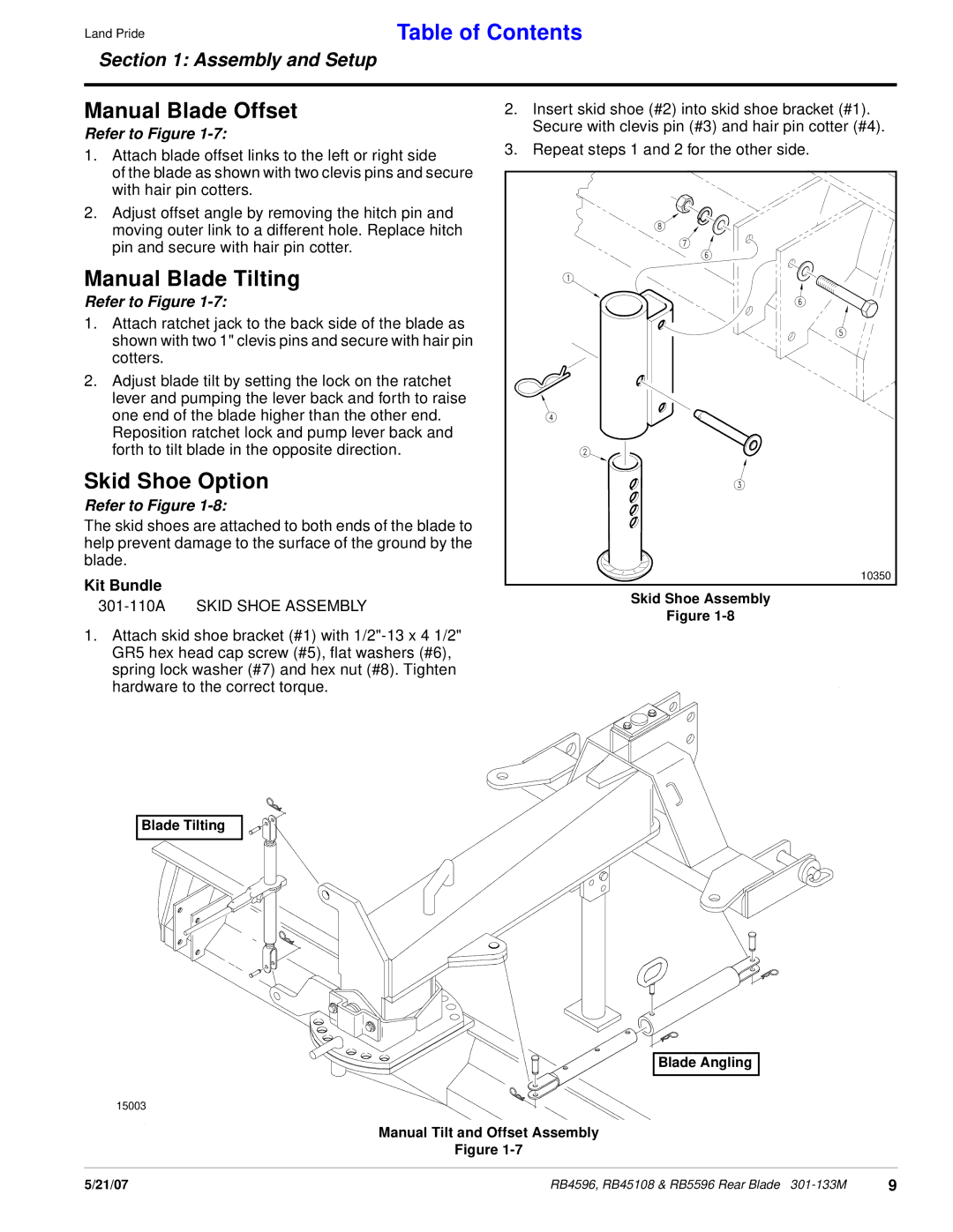 Land Pride RB45108, RB5596, RB4596 manual Manual Blade Offset, Manual Blade Tilting, Skid Shoe Option, Kit Bundle 